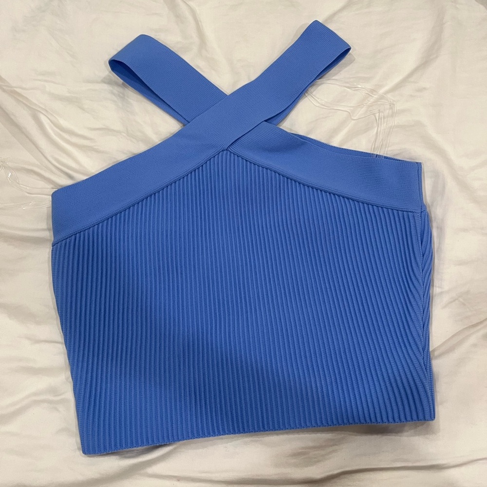 Glassons Sculpt Knit Criss Cross Halter top in blue